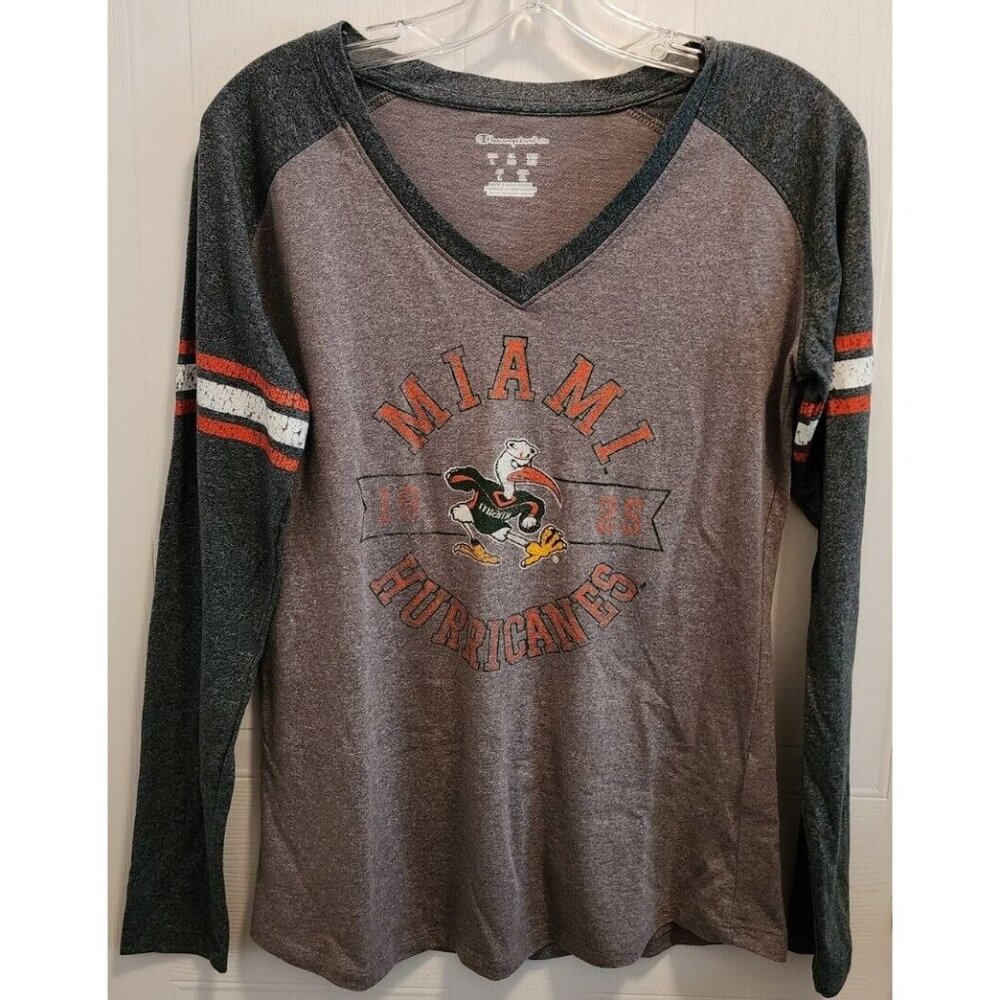 Champion Elite Women's Miami Hurricane V-Neck Long Sleeve T Shirt Gray/Green L